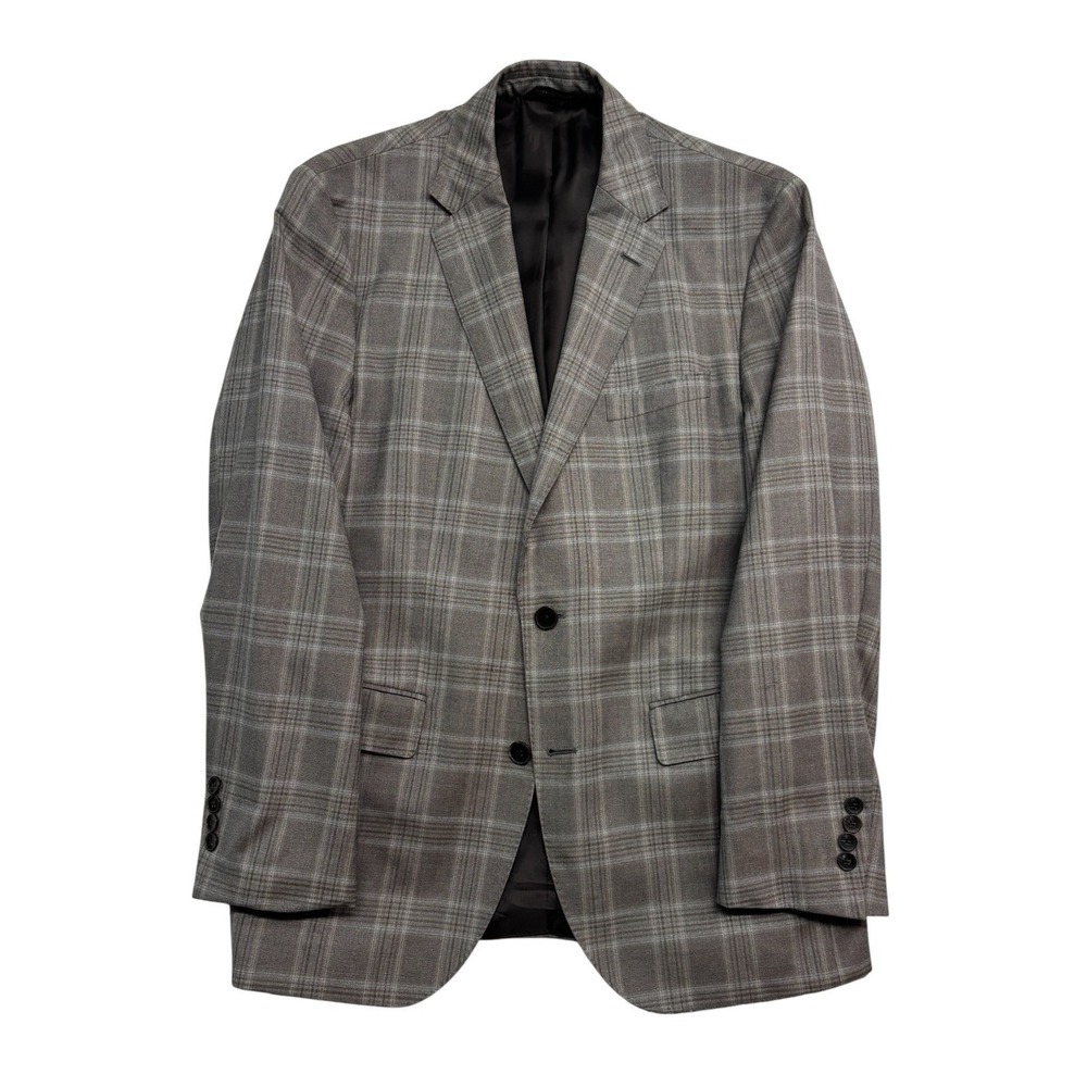 Hugo Boss 38R Taupe Plaid Jean Blazer Jacket Sport Suit Coat Italian Fabric Slim